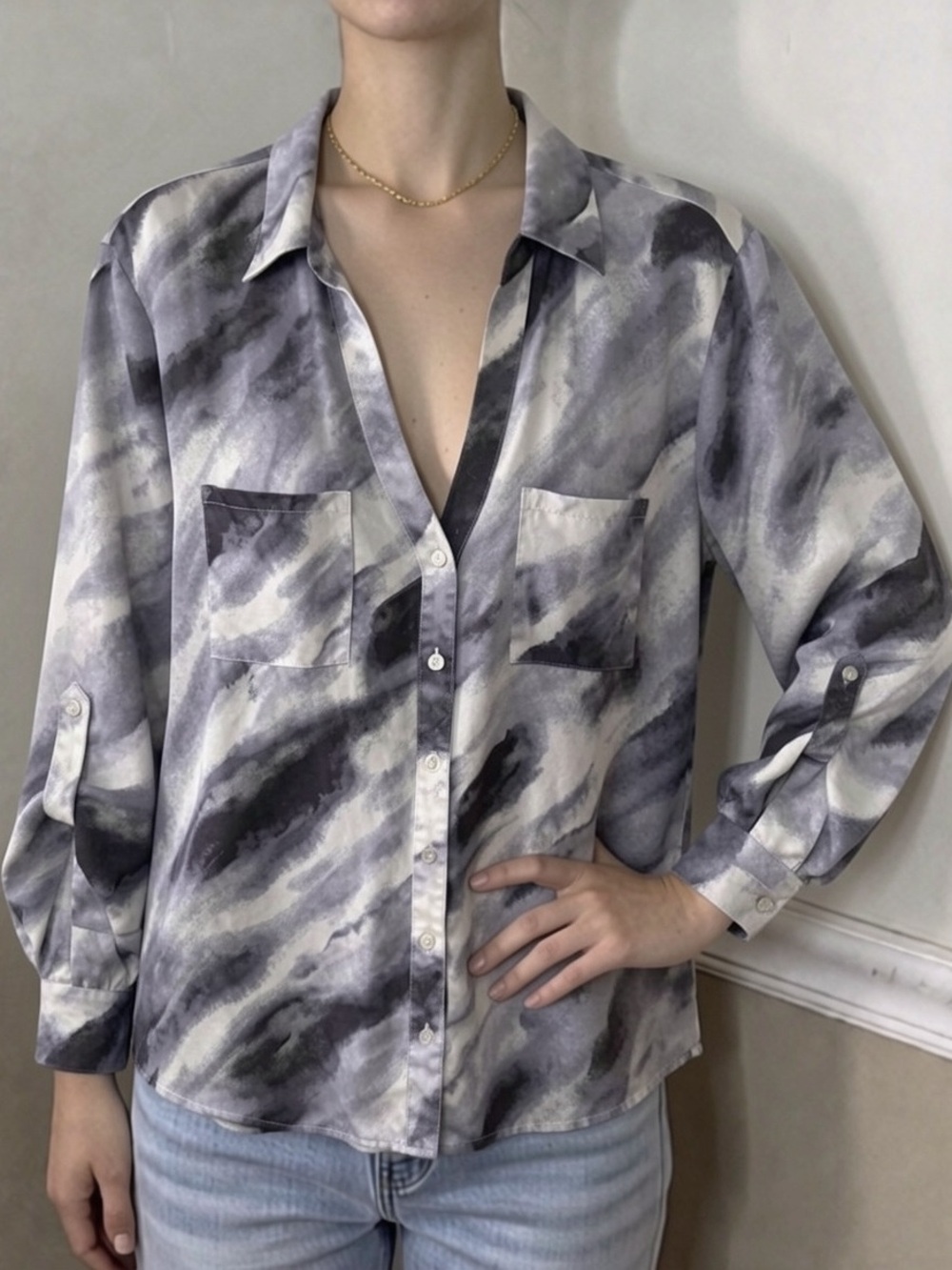 ❤️ 5 for $20! Iz Byer Gray & White Watercolor Button-Down Shirt